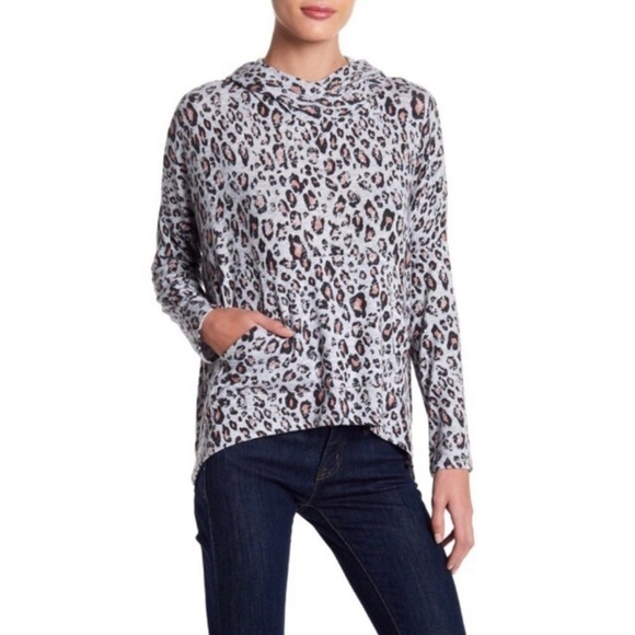 Sundry Tops - Sundry Draped Gray Leopard Print Hoodie Size Small